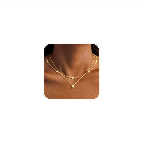 Jewelry - 14K Gold-Plated Dainty Layered Initial Necklace with Cubic Zirconia